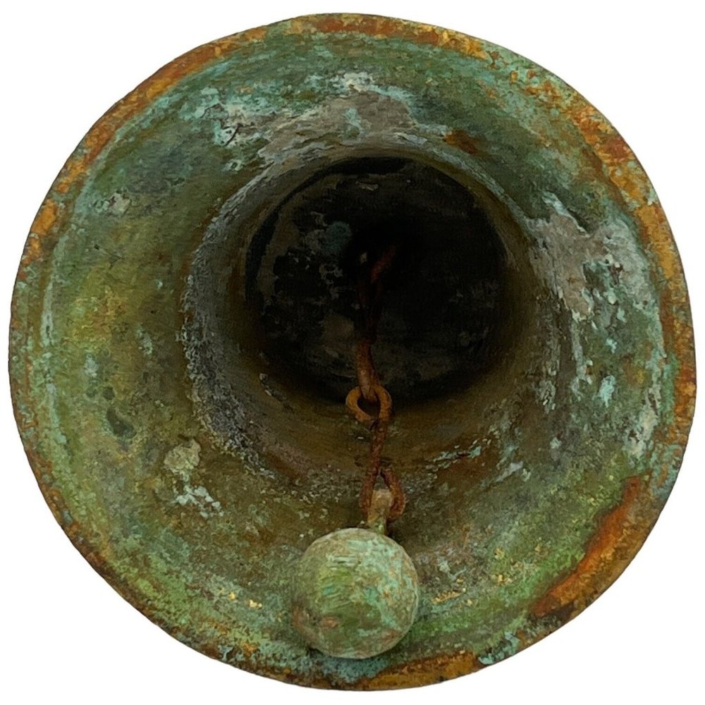 Vintage 5" X 3.5" Double Dragon Handle Bronze Bell Aged Verdigris Rust Set Prop - Picture 5 of 8
